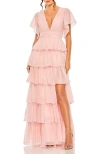 Mac Duggal Flutter Sleeve Ruffle Tiered Gown In Petal Pink