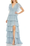 Mac Duggal Flutter Sleeve Ruffle Tiered Gown In Slate Blue