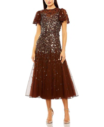 Mac Duggal Flutter Sleeve Sheer Top Beaded Dress In Brown