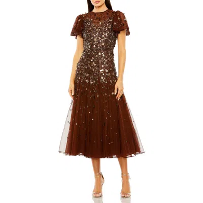 MAC DUGGAL MAC DUGGAL FLUTTER SLEEVE SHEER TOP BEADED DRESS