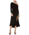 Mac Duggal Asymmetrical Long Sleeve Jewel Cuff Midi Dress In Black
