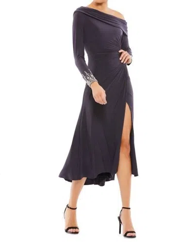 Mac Duggal Foldover Long Sleeve Jeweled Midi Dress In Black
