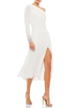 Mac Duggal One-shoulder Long Sleeve Chiffon Midi Dress In White