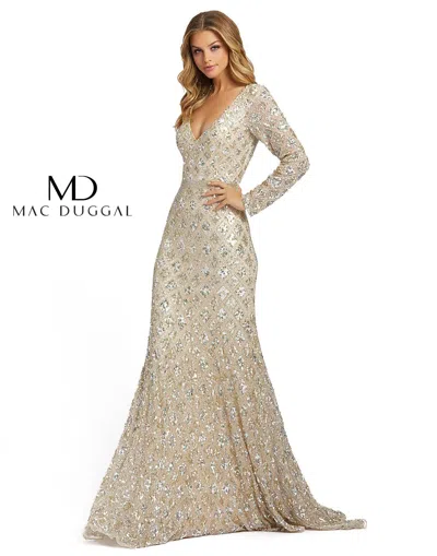Mac Duggal Formal Long Sleeve Evening Sequins Dress In Brown