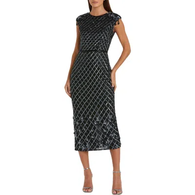 Mac Duggal Fringe Detailed High Neck Cap Sleeve Midi Dress In Black