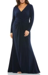 Mac Duggal Plus Size Long-sleeve Jersey Twist Gown In Blue