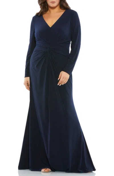 Mac Duggal Plus Size Long-sleeve Jersey Twist Gown In Midnight