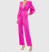 Mac Duggal Front Twist Puff Sleeve Deep V Jumpsuit In Fuschia In Pink