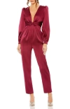Mac Duggal Front Twist Puff Sleeve Deep V Jumpsuit In Red