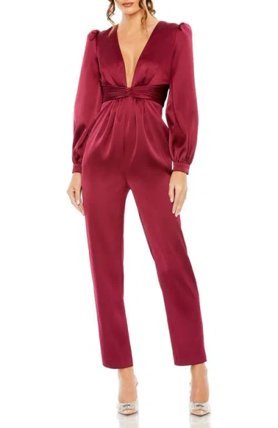 Mac Duggal Front Twist Puff Sleeve Deep V Jumpsuit In Red