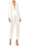 MAC DUGGAL MAC DUGGAL SATIN CHARMEUSE LONG-SLEEVE JUMPSUIT WITH PLUNGING NECKLINE & RUCHED WAIST