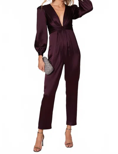 Mac Duggal Front Twist Puff Sleeve Deep V Neck Jumpsuit In Plum