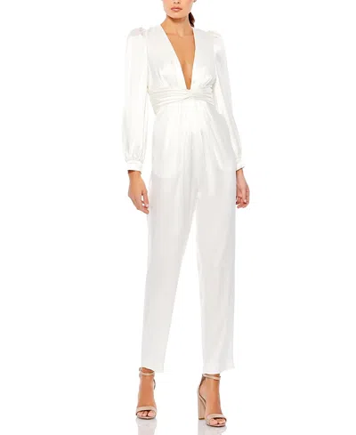 MAC DUGGAL FRONT TWIST PUFF SLEEVE RUCHED WAIST DETAIL DEEP V JUMPSUIT