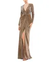 Mac Duggal Sparkle Twist Front Long Sleeve Gown In Bronze