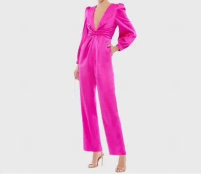 Mac Duggal Fronttwist Puff Sleeve Deep V Jumpsuit In Fuchsia Pink