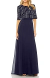 Mac Duggal Fully Beaded 3/4 Sleeve Top Chiffon Gown In Midnight