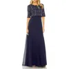 Mac Duggal Fully Beaded 3/4 Sleeves Top Chiffon Gown In Blue