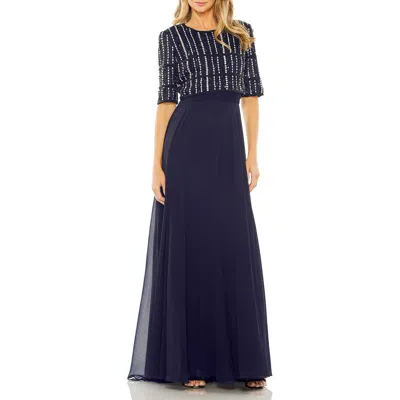 Mac Duggal Fully Beaded 3/4 Sleeves Top Chiffon Gown In Blue