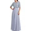 Mac Duggal Fully Beaded 3/4 Sleeves Top Chiffon Gown In Powder Blue