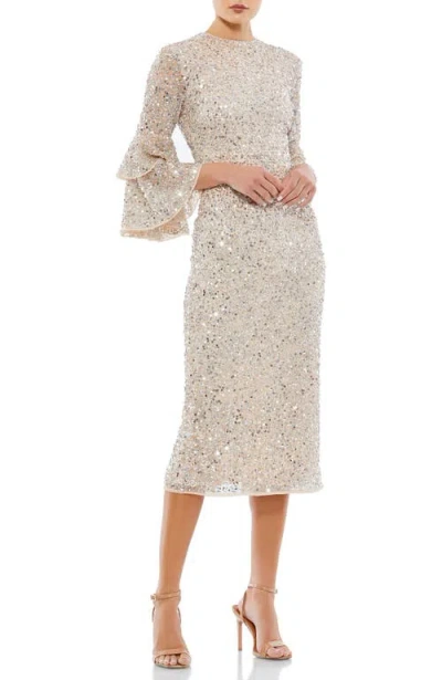 Mac Duggal Fully Sequined Ruffle Tiered 3/4 Sleeve Midi Dress In Nude