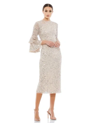 MAC DUGGAL MAC DUGGAL FULLY SEQUINED RUFFLE TIERED 3/4 SLEEVE MIDI DRESS