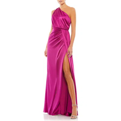 MAC DUGGAL MAC DUGGAL GATHERED ONE SHOULDER SATIN FAUX WRAP GOWN