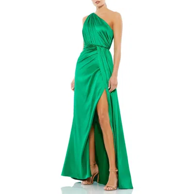 MAC DUGGAL MAC DUGGAL GATHERED ONE SHOULDER SATIN FAUX WRAP GOWN