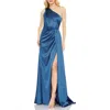 Mac Duggal Gathered One Shoulder Satin Faux Wrap Gown In Ocean Blue