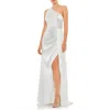Mac Duggal Gathered One Shoulder Satin Faux Wrap Gown In White