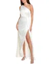 Mac Duggal Gathered One Shoulder Satin Faux Wrap Gown In White