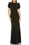 Mac Duggal Gathered Short Sleeve Beaded Gown In Black