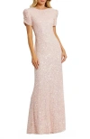 Mac Duggal Sequin Gathered Sleeve Column Gown In Pink