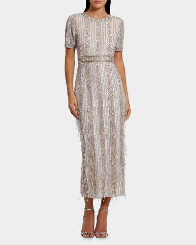 Mac Duggal Geometric Beaded Cocktail Midi Dress In Gray