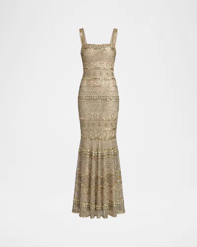 Mac Duggal Geometric Beaded Mesh Trumpet Gown In Brown