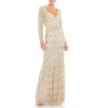 Mac Duggal Beaded Geometric Silver Sparkle Dress In Nude In Nude