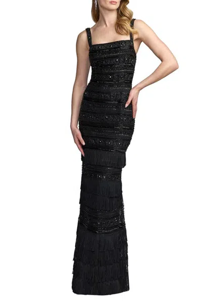 Mac Duggal Geometric Embellished Gown With Fringe In Black