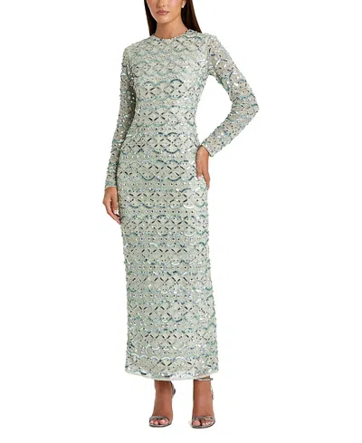 Mac Duggal Geometric Embellished Long Sleeve Dress In Green