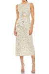 Mac Duggal Geometric Embellished Sleeveless A Line Dress In Nude Silver