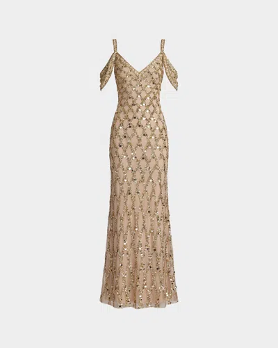Mac Duggal Geometric Sequinned Tulle Column Gown In Gold