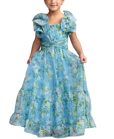 Mac Duggal Kids'  Girls Solid Chiffon Ruffle Shoulder Dress In Blue