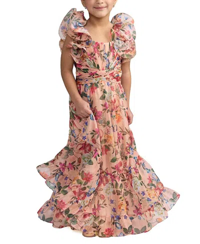 Mac Duggal Girls' Floral Chiffon Ruffle Shoulder Dress - Little Kid, Big Kid In Multi