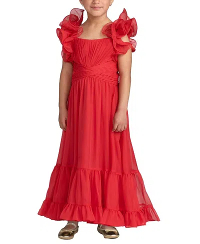 Mac Duggal Girls' Floral Chiffon Ruffle Shoulder Dress - Little Kid, Big Kid In Red
