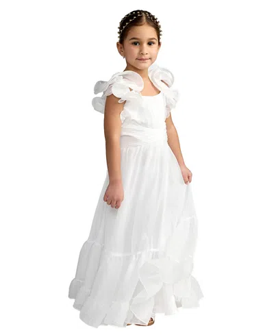 Mac Duggal Kids'  Girls Solid Chiffon Ruffle Shoulder Dress In White