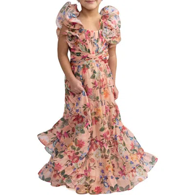 Mac Duggal Kids'  Girls Floral Chiffon Ruffle Shoulder Dress In Pink