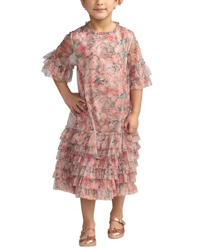 Mac Duggal Girls' Floral Printed Short Sleeve Ruffle Dress - Little Kid, Big Kid In Brown