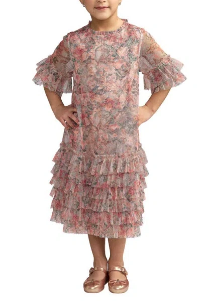Mac Duggal Kids'  Girls Floral Printed Short Sleeve Ruffle Dress In Pink