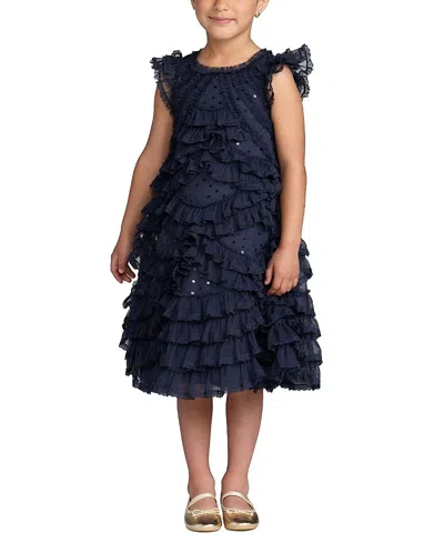 Mac Duggal Girls' High Neck Cap Sleeve Micro Ruffle Dress - Little Kid, Big Kid In Blue