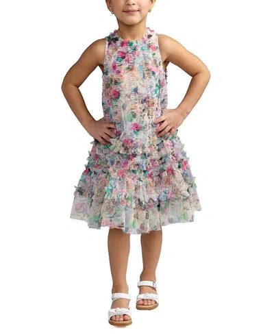 Mac Duggal Kids'  Girls Mesh Floral Print A-line Dress In Multi