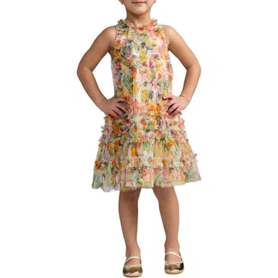 Mac Duggal Girls' Mesh Floral Print A-line Dress - Little Kid, Big Kid In Multi
