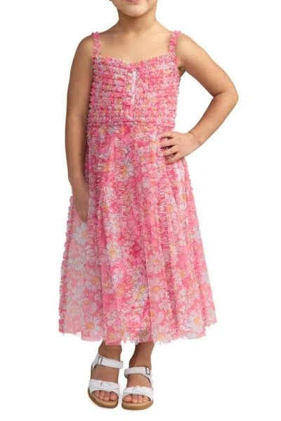 Mac Duggal Girls' Mesh V-neck Floral Print Mini Dress - Little Kid, Big Kid In Pink